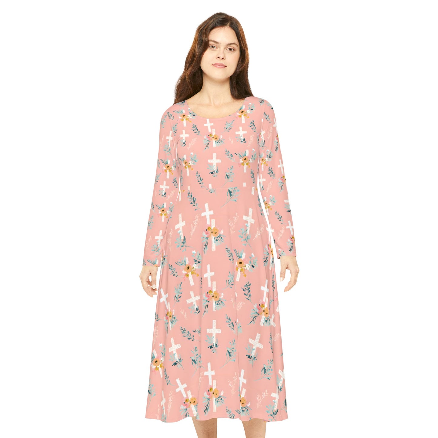 Floral Cross Long Sleeve Dance Dress, Dancewear, Church Outfit, Easter Fashion, Spring Dress, Vintage Style Modest Dress