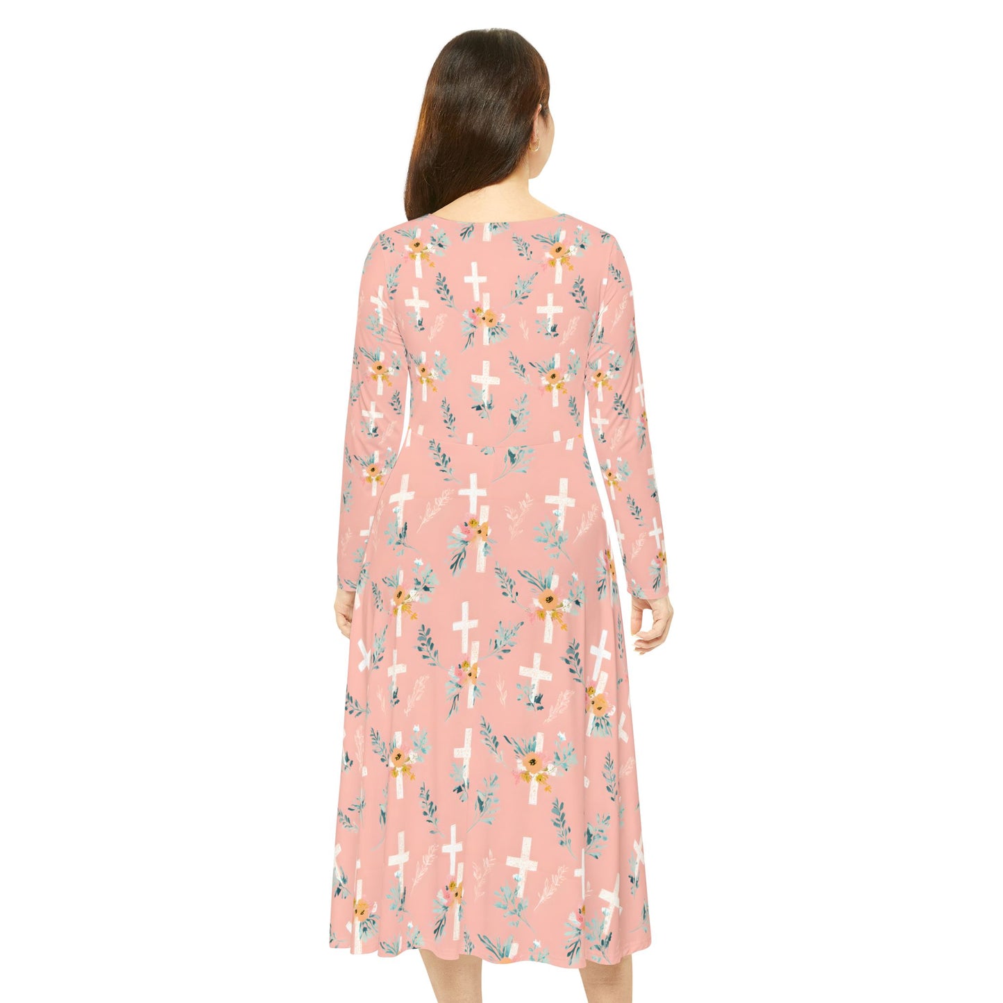 Floral Cross Long Sleeve Dance Dress, Dancewear, Church Outfit, Easter Fashion, Spring Dress, Vintage Style Modest Dress