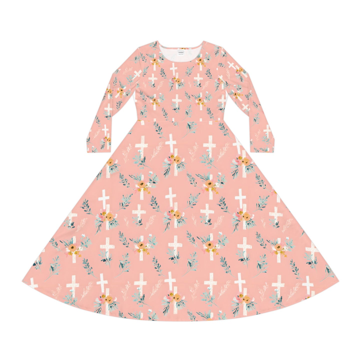 Floral Cross Long Sleeve Dance Dress, Dancewear, Church Outfit, Easter Fashion, Spring Dress, Vintage Style Modest Dress