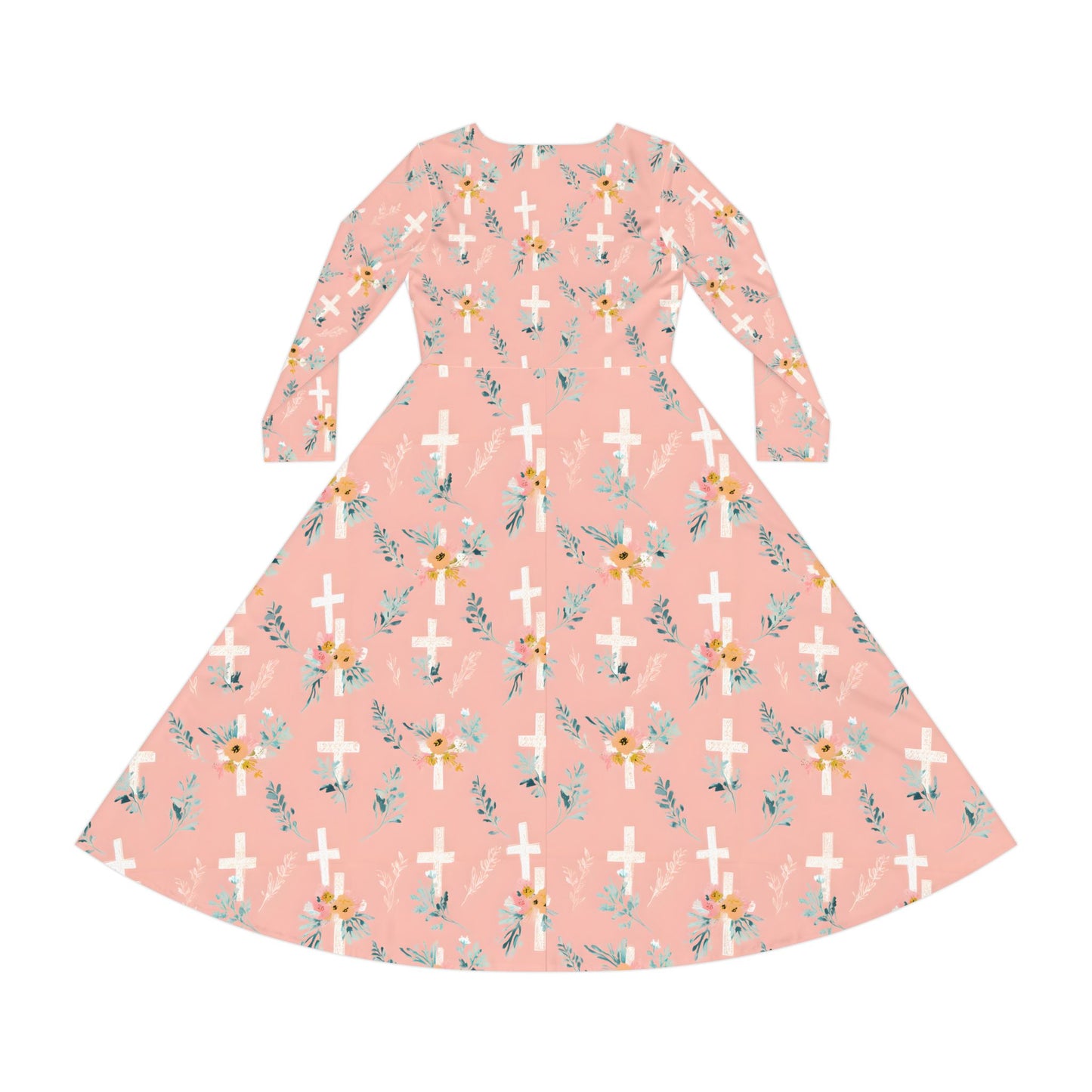 Floral Cross Long Sleeve Dance Dress, Dancewear, Church Outfit, Easter Fashion, Spring Dress, Vintage Style Modest Dress