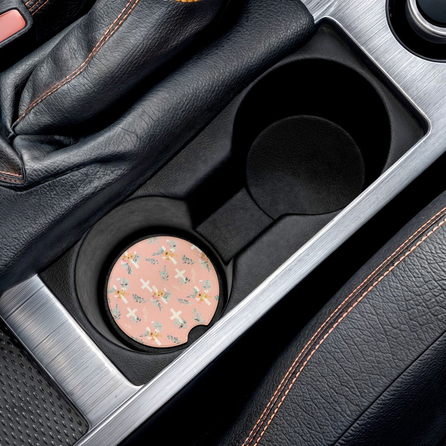 Floral Cross Soapstone Car Coaster | Cute Drink Holder, Car Accessories, Floral Decor, Gifts for Her