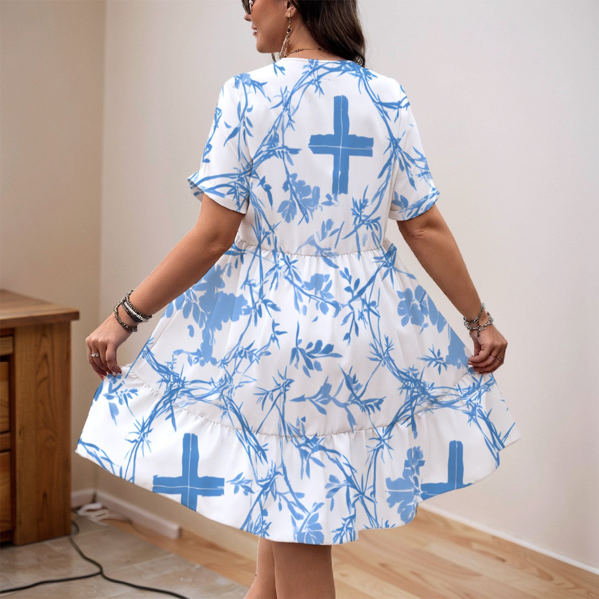 Forty One Tees Women's Elegant Blue & White Floral V-Neck Short Sleeve Dress
