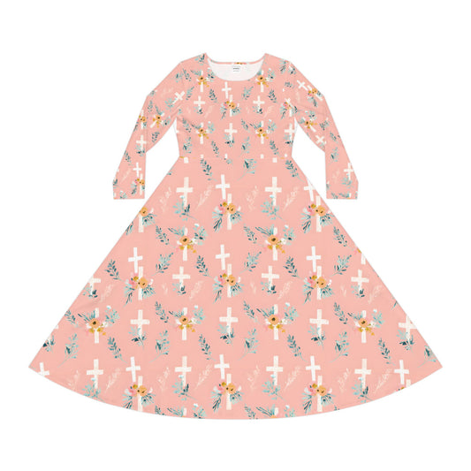 Floral Cross Long Sleeve Dance Dress, Dancewear, Church Outfit, Easter Fashion, Spring Dress, Vintage Style Modest Dress